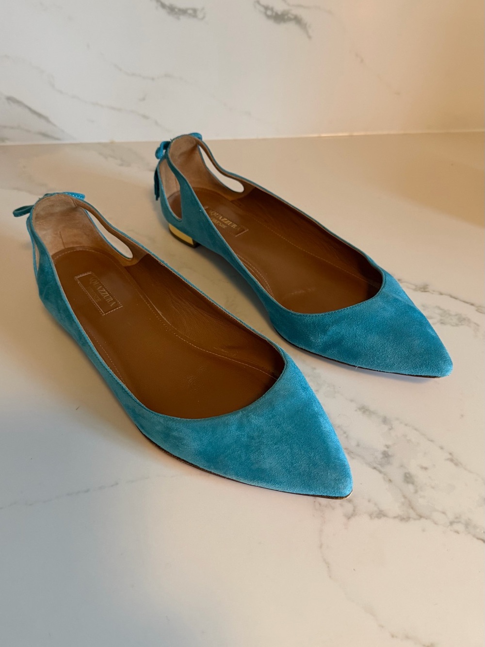Aquazzura Turquoise Pointed-Toe Suede Flats with Back Tassels and Gold Low Heel